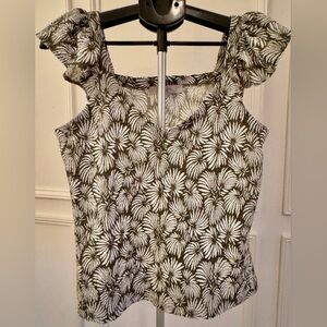 Textured Knit White and Green Leaf Ruffle Sleeve Top